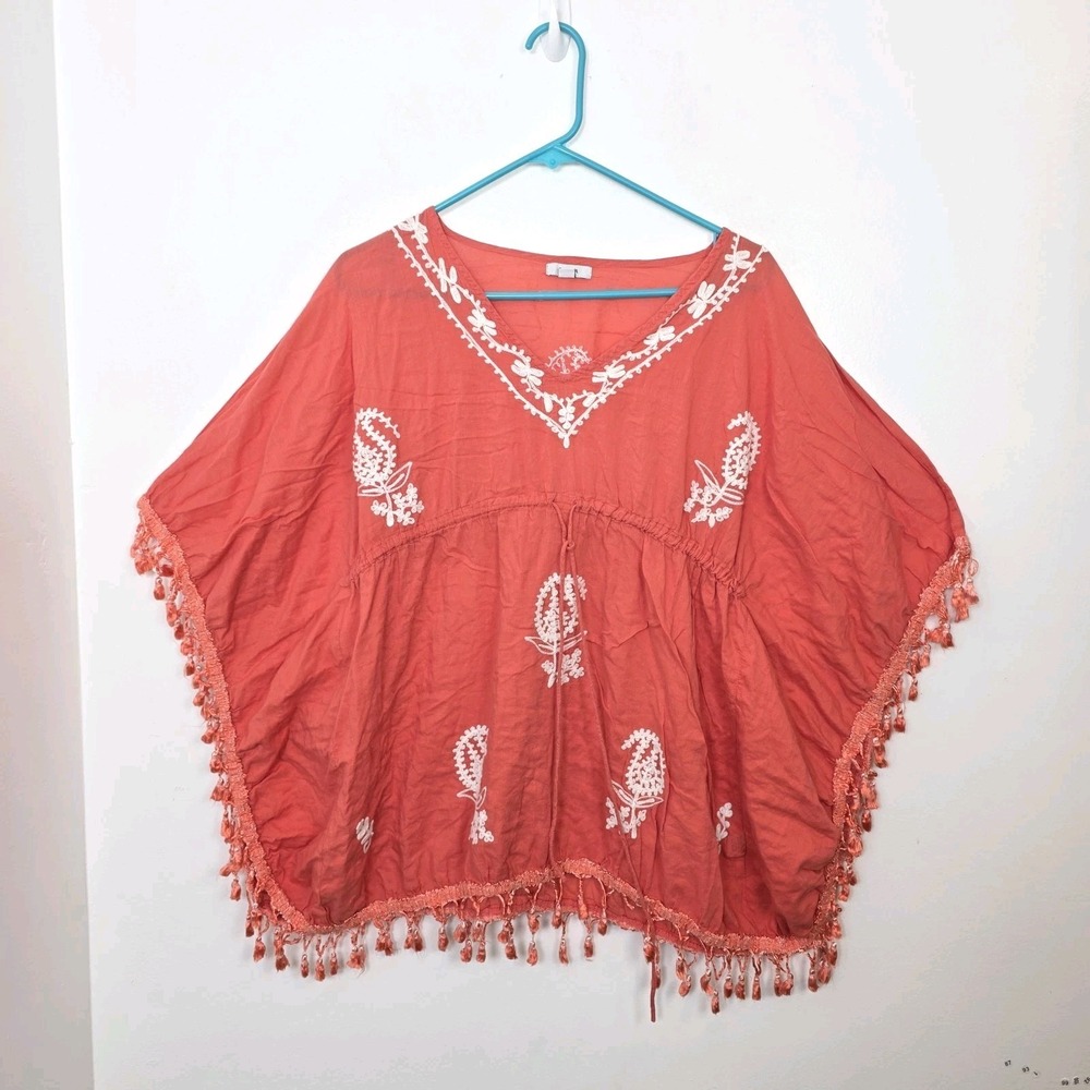 Raviya Coral White Embroidered Tassels Boho Beachy Festival Poncho Size Large